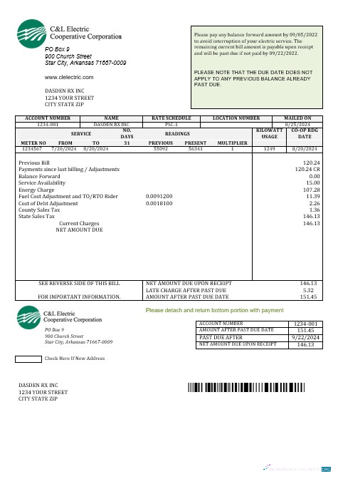 USA Arkansas C & L Electric Cooperative Corporation business utility bill template in Word and PDF formats